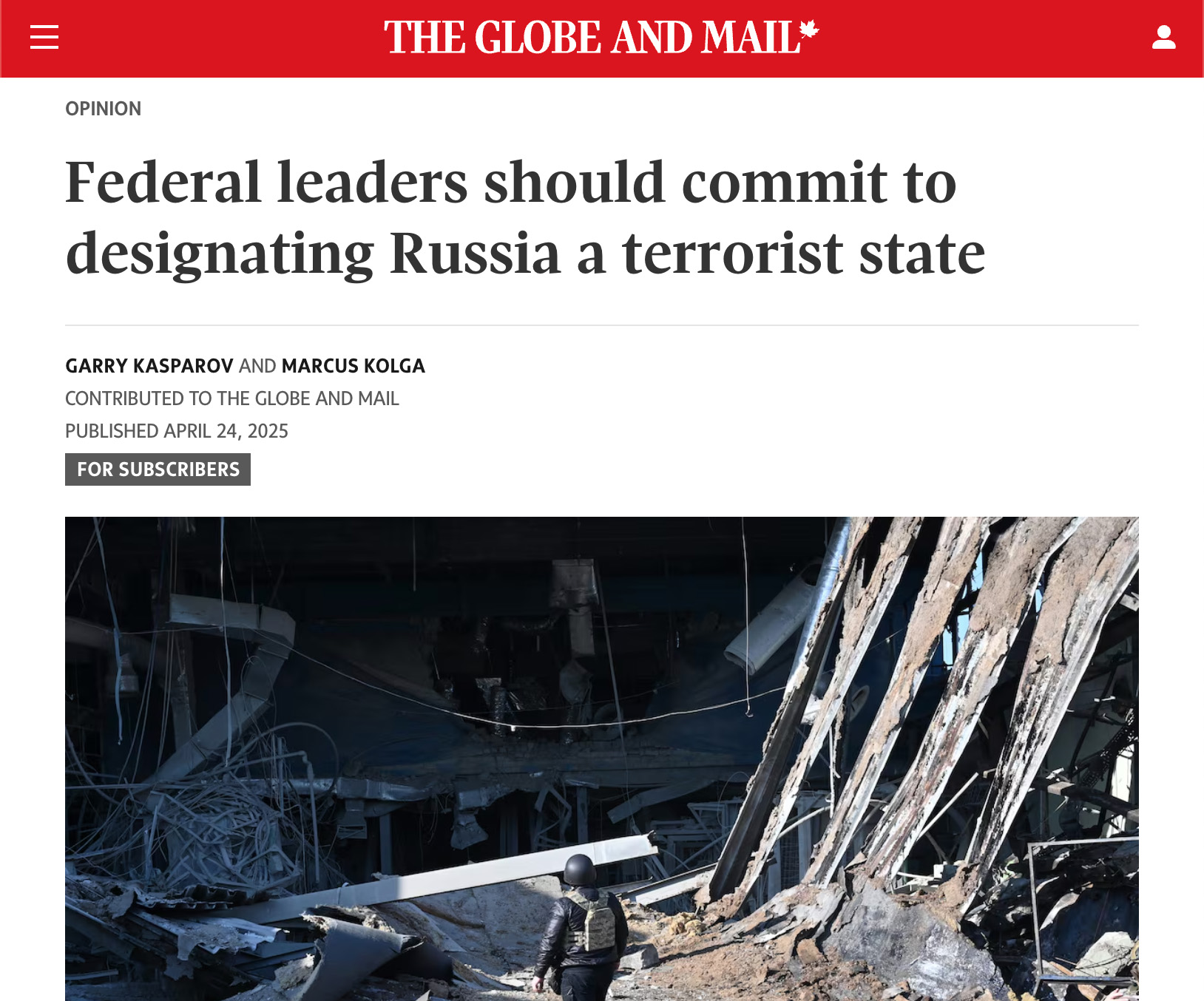Co-Authoring with Garry Kasparov on Canada’s Duty to Confront Putin’s Terror