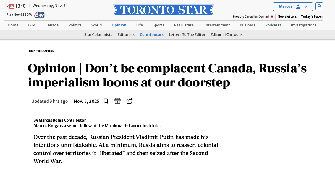 In The Toronto Star: Russia’s Greyzone Threats and Arctic Imperialism