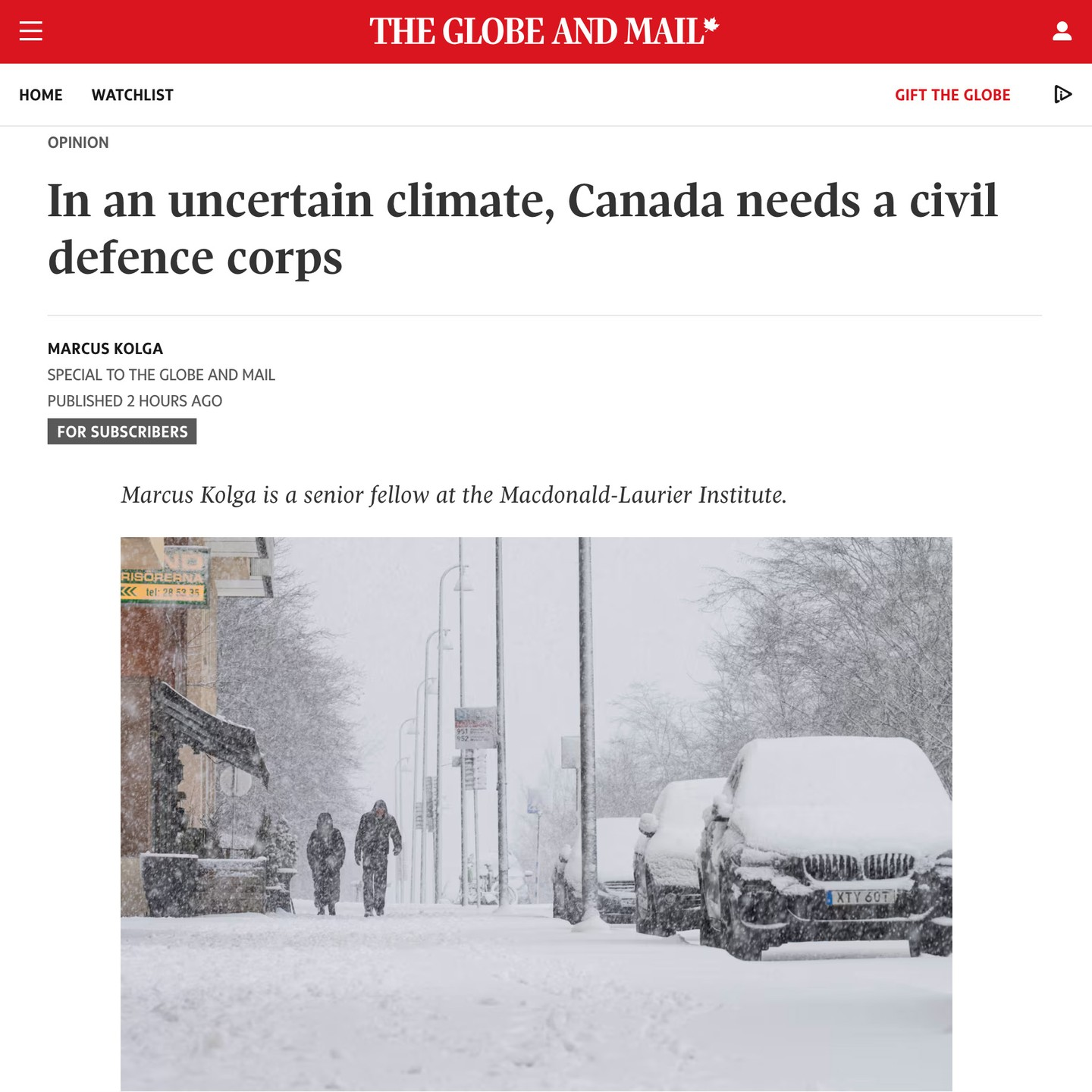 In The Globe and Mail Calling for a Canadian Volunteer Civil Defence Corps & Need to Prepare Canadians for Future Conflicts