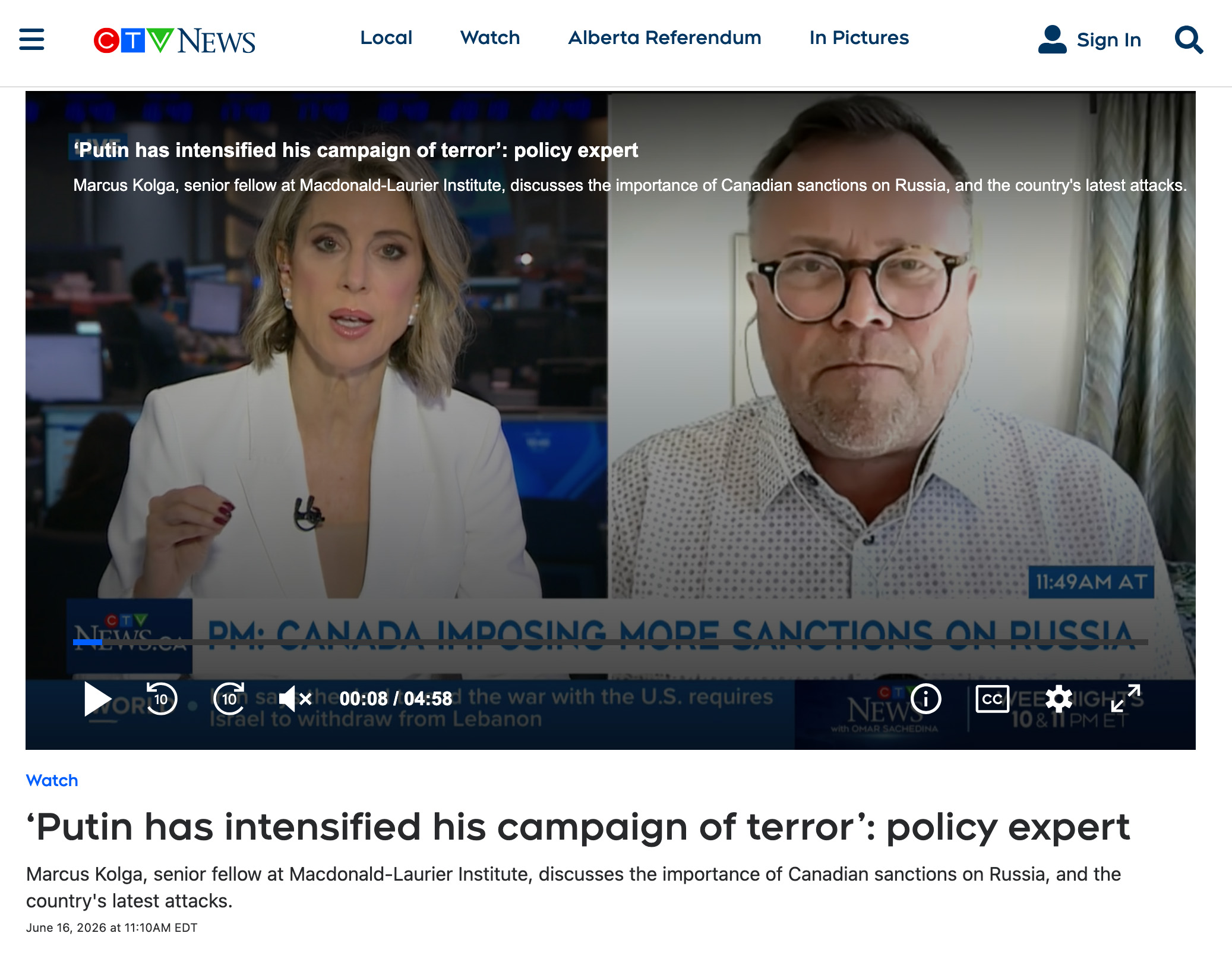 Russia’s War of Terror: Kolga on CTV News