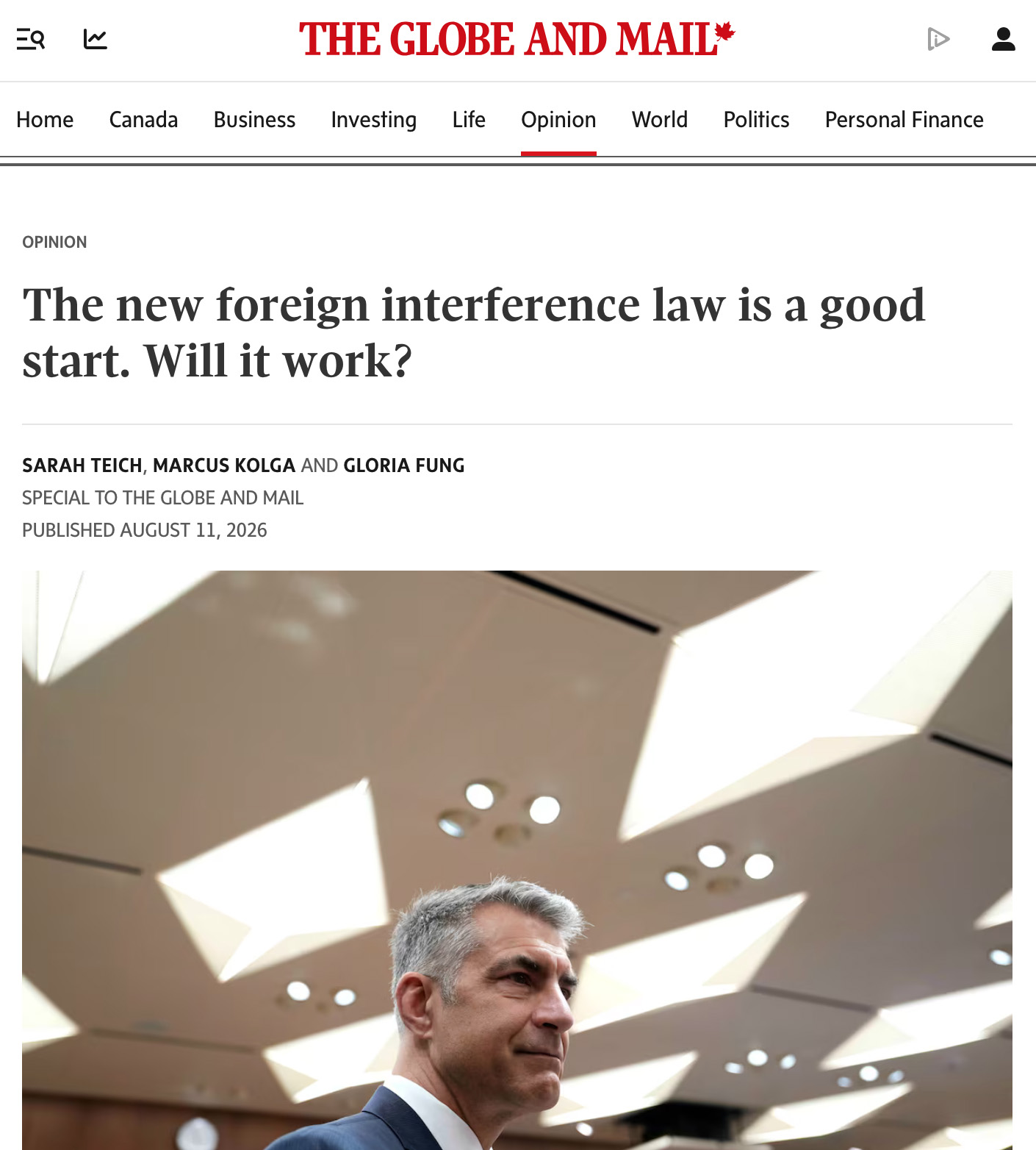 Marcus with Sarah Teich and Gloria Fung in The Globe and Mail on Foreign Influence