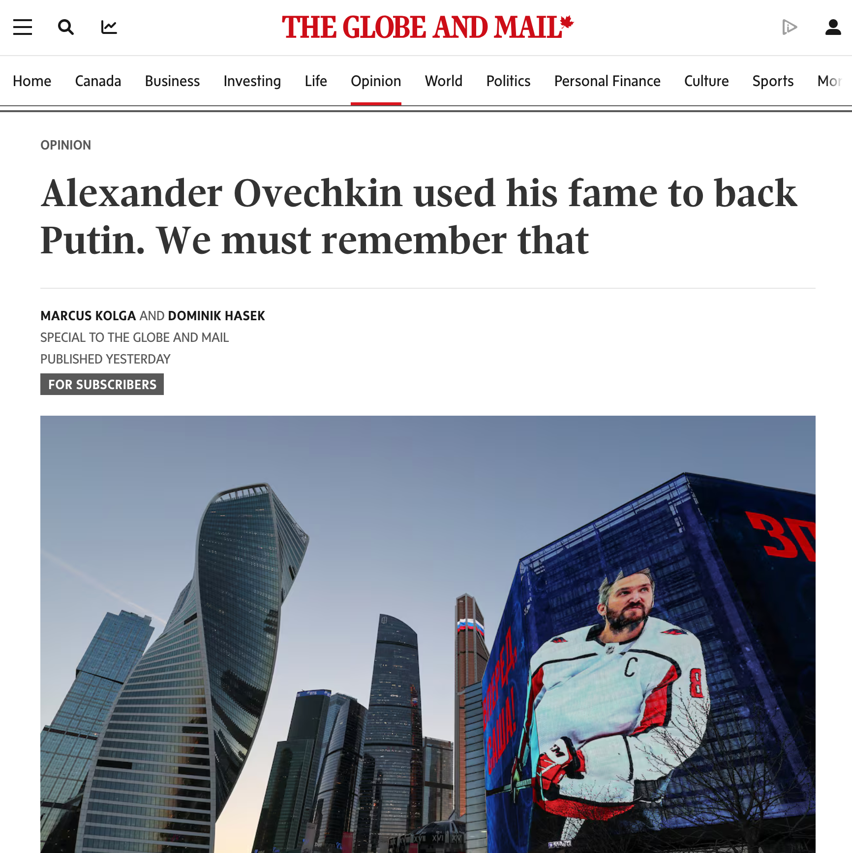 Marcus with Dominik Hasek in the Globe and Mail